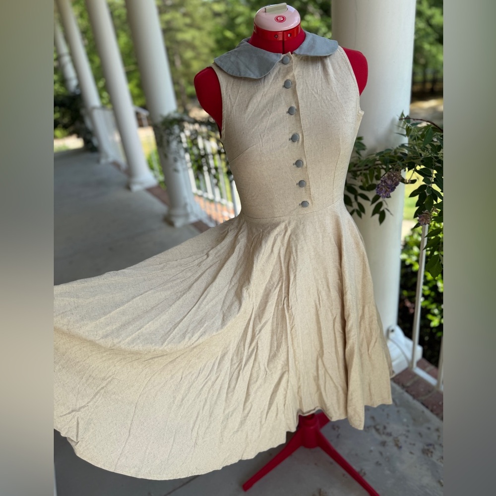 British retro summer swing Cream Sleeveless sunDress Peter Pan collar